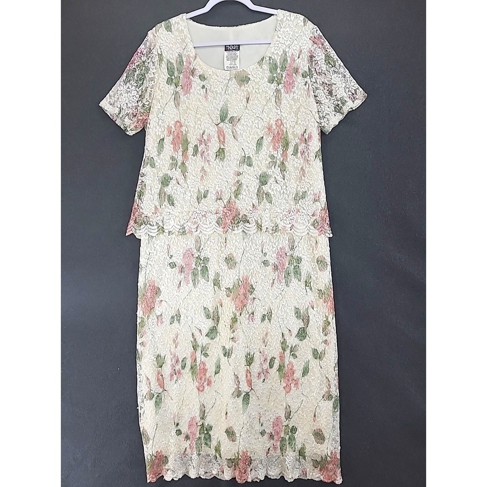 Helene Blake Chenille Lace Dress Ivory Rose Print Sz‎ 16W Wedding Guest